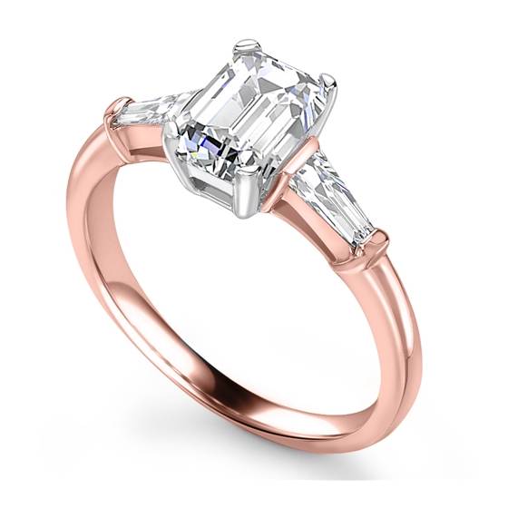 0.75ct IF/E Emerald cut Lab Grown Diamond Trilogy Ring in 18k Rose Gold