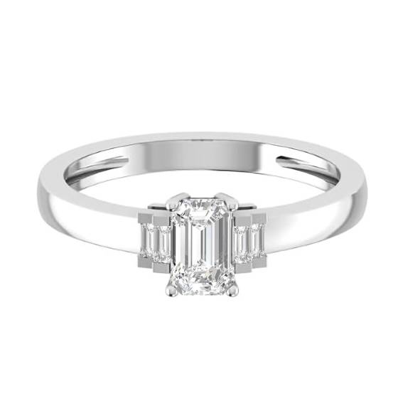 0.75ct SI2/G Modern Emerald and Natural Baguette Diamond Designer Ring in 18k White Gold