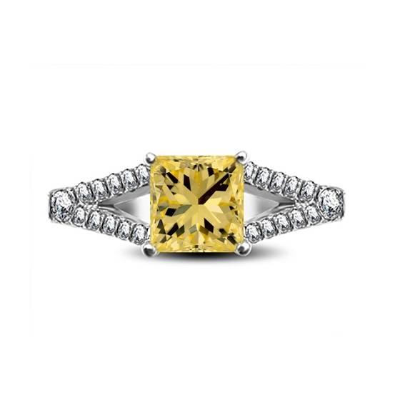 0.80ct VVS/FIY Natural Princess Yellow Diamond Shoulder Set Ring in 18k White Gold