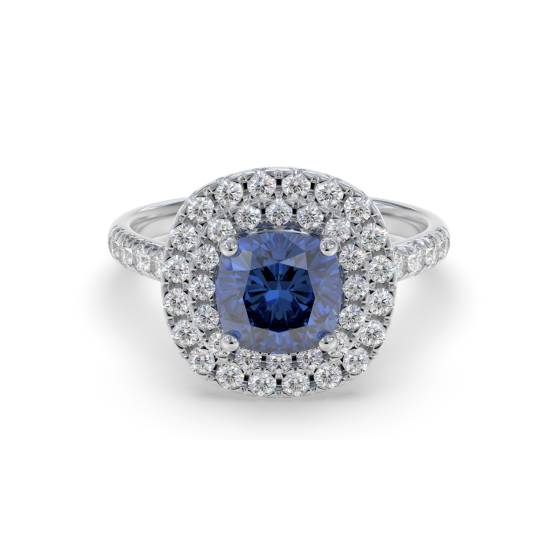 Cushion Blue Sapphire and Diamond Double Halo Shoulder Set Ring