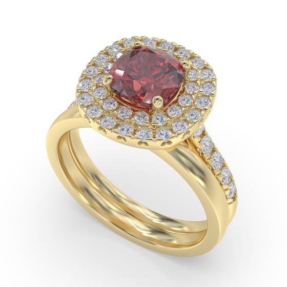 Cushion Ruby and Diamond Double Halo Shoulder Set Ring