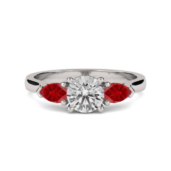 GIA Certified 0.50ct VS2/D Round cut Ruby Diamond Gemstone Trilogy Ring in 18k White Gold