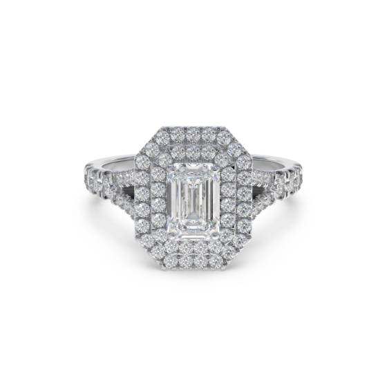 Emerald Diamond Double Halo Shoulder Set Ring