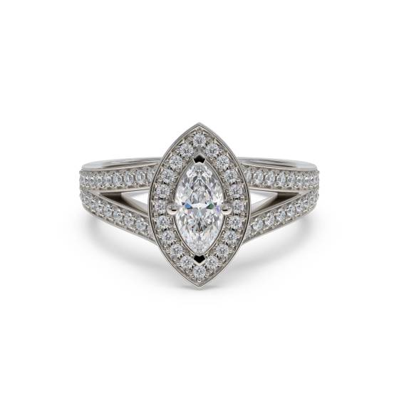 GIA Certified 0.80ct SI2/E Natural Marquise Diamond Single Halo Split Shoulder Set Ring in Platinum