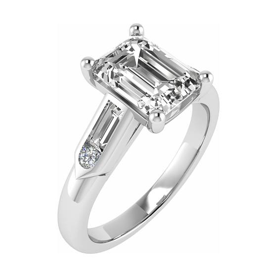 Emerald,Bauguette and Round Diamond Shoulder Set Ring
