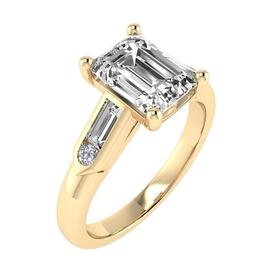 Emerald,Bauguette and Round Diamond Shoulder Set Ring