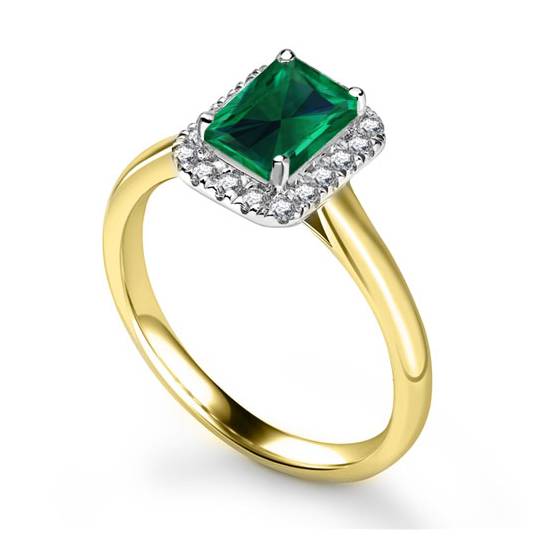 Green Emerald Radiant Shaped Diamond Single Halo Shoulder Set Ring