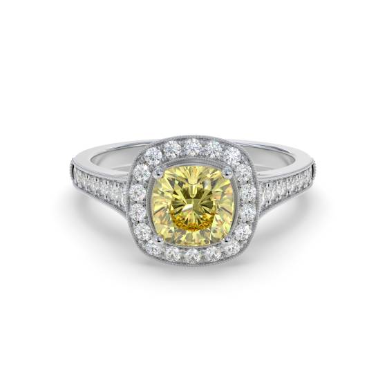 Fancy Yellow Cushion Diamond Shoulder Set Ring