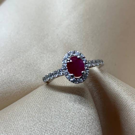 0.75ct VS/E-F Oval Cut Ruby Gemstone Halo Shoulder Set Ring in 18k White Gold