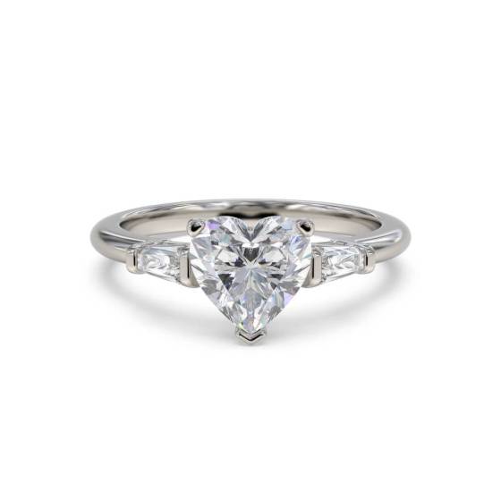 1.00ct VS1/F Modern Heart and Tapered Natural Baguette Diamond Trilogy Ring in Platinum