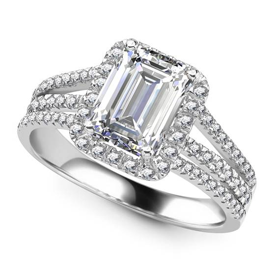 1.00ct VS2/F-G Lab Grown Emerald Diamond Single Halo Triple Row Shoulder Set Ring in 18k White Gold
