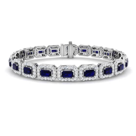 9.54ct VS/E-F Blue Sapphire Emerald cut Gemstone and Natural Diamond Halo Bracelet in 18k White Gold