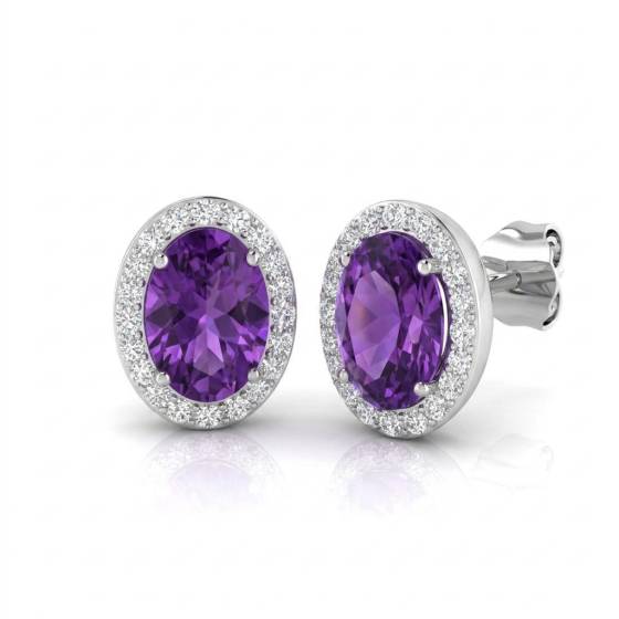 1.00ct VS/E-F Oval Cut Amethyst Gemstone Halo Earrings in 18k White Gold