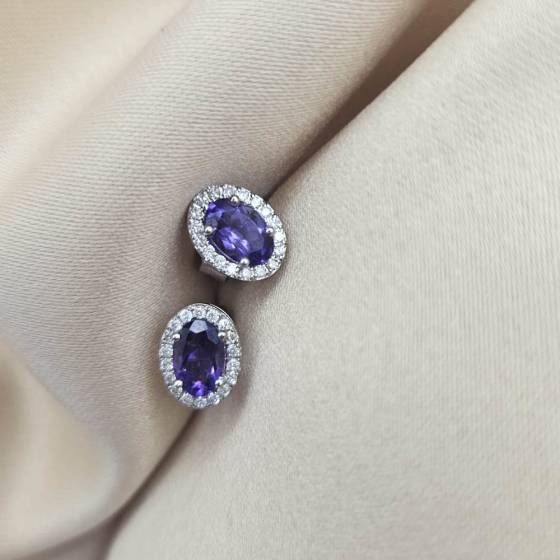 1.00ct VS Oval Cut Amythest Gemstone Halo Earrings in 18k White Gold