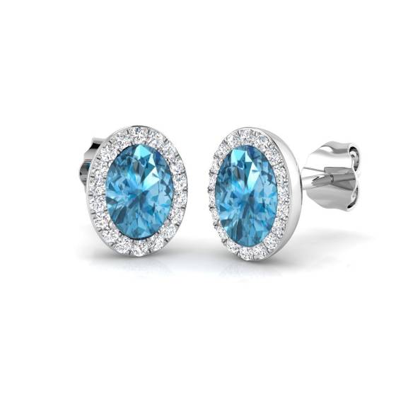 1.42ct Oval cut Blue Topaz Gemstone Halo Earrings in 18k White Gold