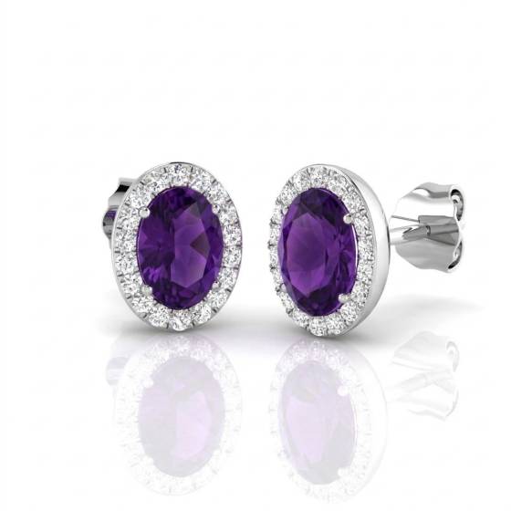 1.66ct VS/E-F Oval Cut Amethyst Gemstone Halo Earrings in 18k White Gold