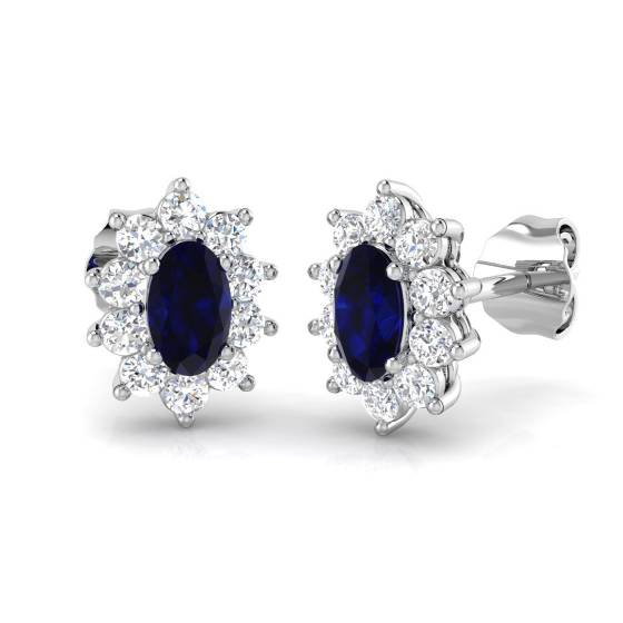 0.96ct VS/E-F Oval cut Blue Sapphire Gemstone Halo Earrings in 18k White Gold