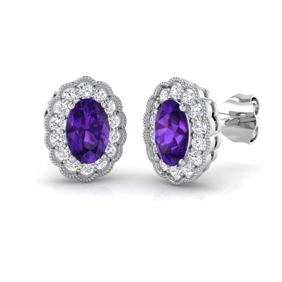 1.10ct VS/E-F Oval cut Amethyst Gemstone Halo Earrings in 18k White Gold