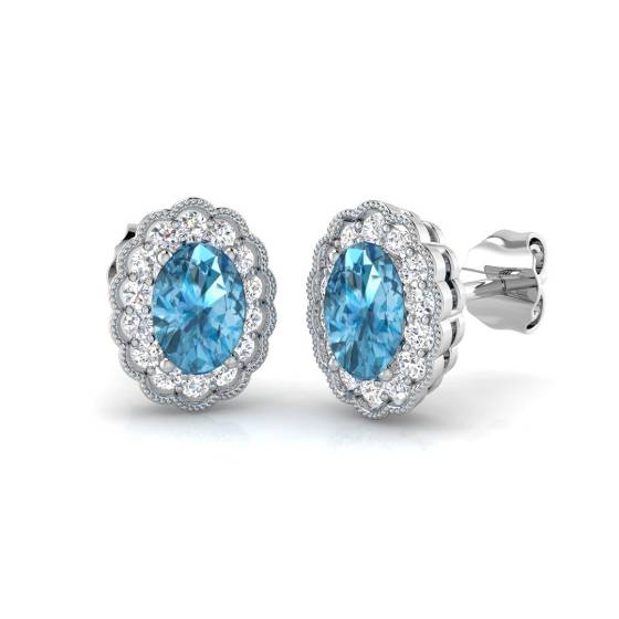 1.48ct VS/E-F Oval cut Blue Topaz Gemstone Halo Earrings in 18k White Gold