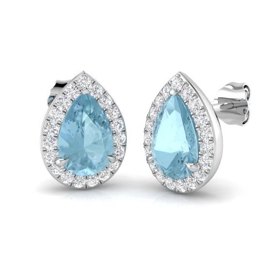 2.49ct VS/E-F Pear cut Aquamarine Gemstone Halo Earrings in 18k White Gold