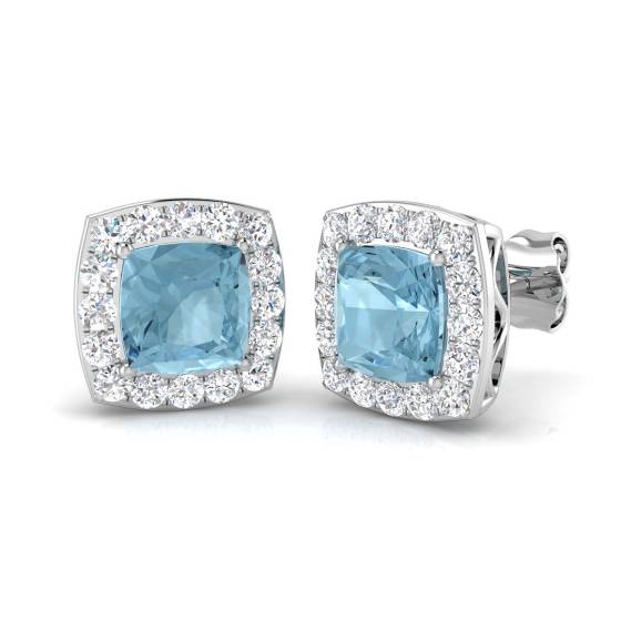 2.4ct VS/E-F Pear cut Aquamarine Gemstone Halo Earrings in 18k White Gold