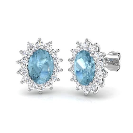 2.89ct VS/E-F Oval cut Aquamarine Gemstone Halo Earrings in 18k White Gold
