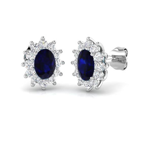 1.50ct VS/F-G Oval cut Blue Sapphire Gemstone Halo Earrings in 18k White Gold