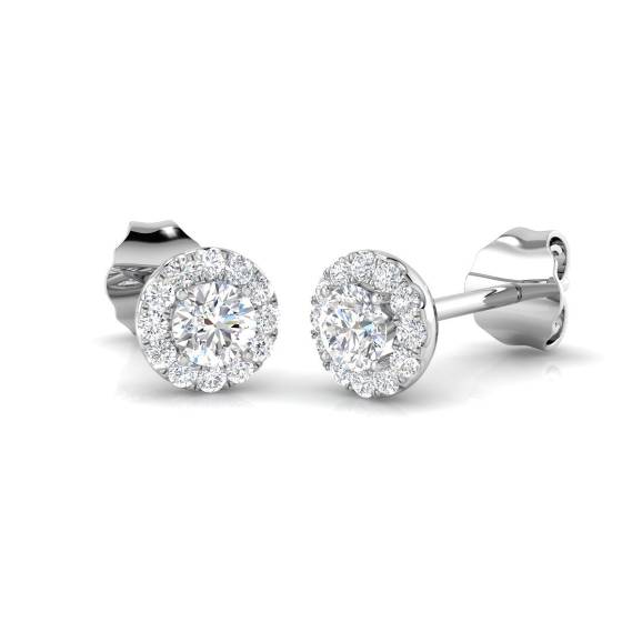 1.25ct VS/F Round cut Natural Diamond Halo Earrings in 18k White Gold