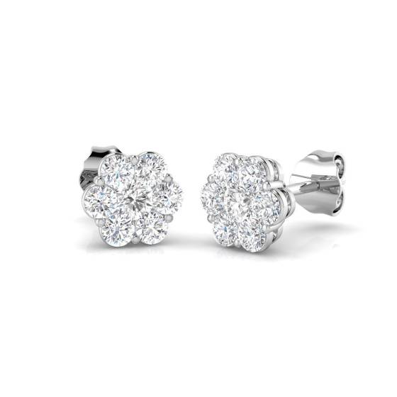 0.77ct VS/F-G Round cut Natural Diamond Cluster Flower Earrings in 18k White Gold