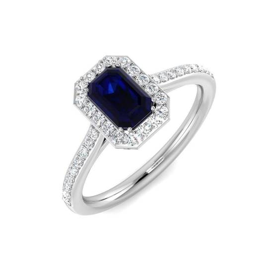 1.00ct VS/F-G Emerald Cut Blue Sapphire Gemstone Halo Shoulder Set Ring in Platinum