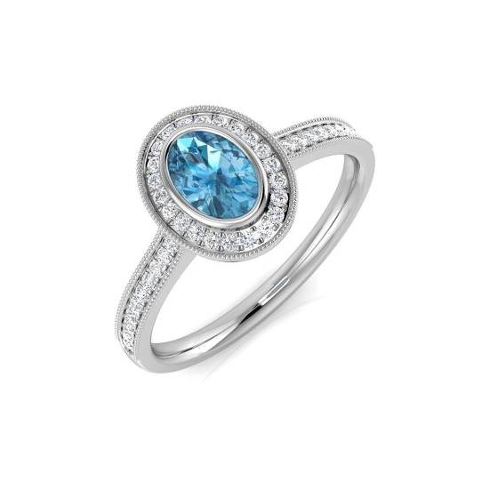 0.78ct VS/E-F Oval cut Blue Topaz Gemstone Halo Shoulder Set Ring in 18k White Gold