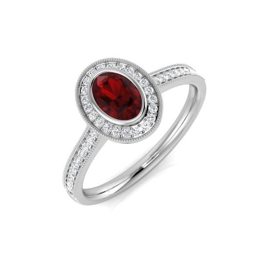 0.70ct VS/F-G Oval cut Garnet Gemstone Shoulder Set Halo Ring in 18k White Gold