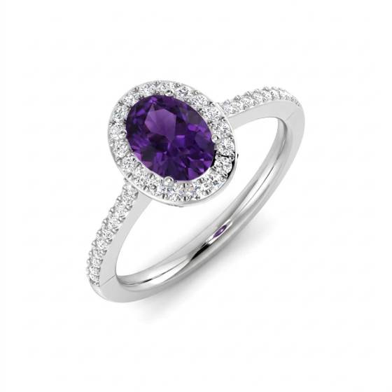 0.94ct VS/E-F Oval Cut Amethyst Gemstone Halo Ring in 18k White Gold