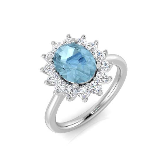 2.08ct VS/E-F Oval cut Aquamarine Gemstone Halo Ring in 18k White Gold