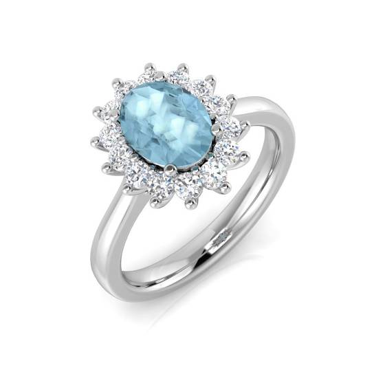 1.62ct VS/E-F Oval cut Aquamarine Gemstone Halo Ring in 18k White Gold