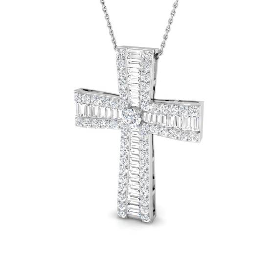 2.30ct VS/E-F Round cut Natural Diamond Cross Pendant in 18k White Gold