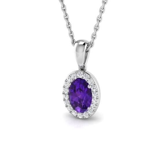 0.55ct VS/F-G Oval cut Amethyst Gemstone Halo Pendant in 18k White Gold