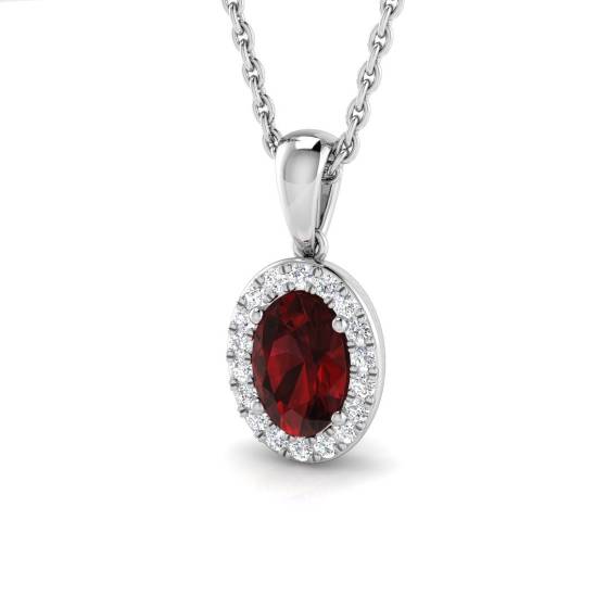 0.65ct VS/E-F Oval cut Garnet Gemstone Halo Pendant in 18k White Gold