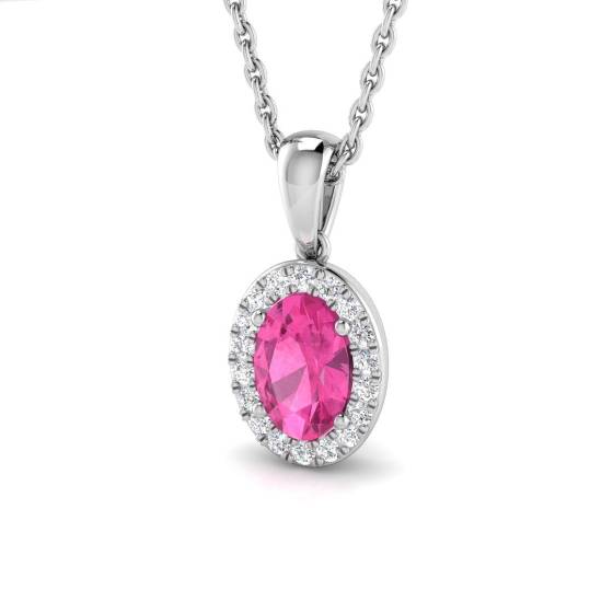 0.60ct VS/F-G Oval cut Pink Sapphire Gemstone Halo Pendant in 18k White Gold