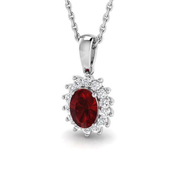 0.66ct VS/E-F Oval cut Ruby Gemstone Halo Pendant in 18k White Gold