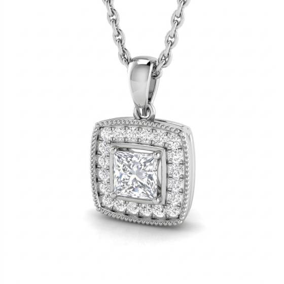 0.14ct VS/E-F Natural Princess Cut Diamond Halo Pendant in 18k White Gold