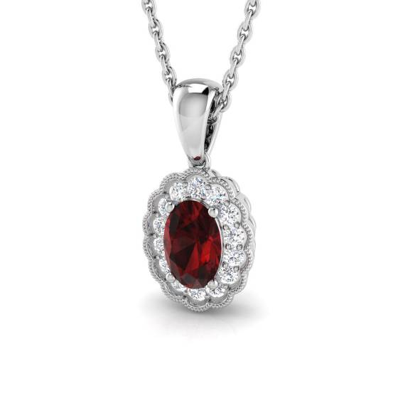 0.80ct VS/E-F Oval cut Garnet Gemstone Bezel Halo Pendant in 18k White Gold
