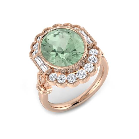 Oval Cut Green Amethyst Gemstone Bezel Set Diamond Ring