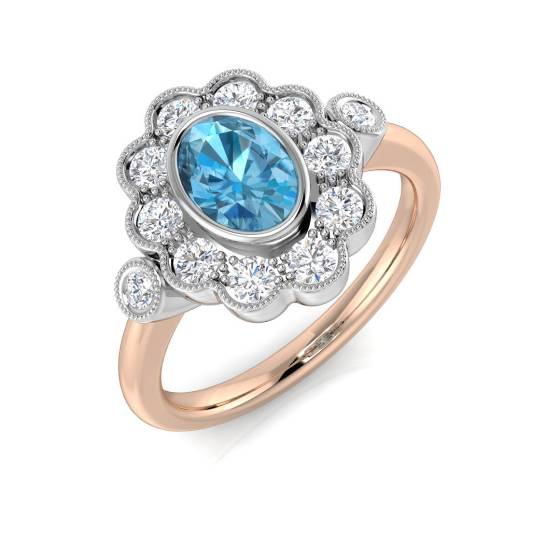 Oval Cut Blue Topaz Gemstone Bezel Set Halo Ring