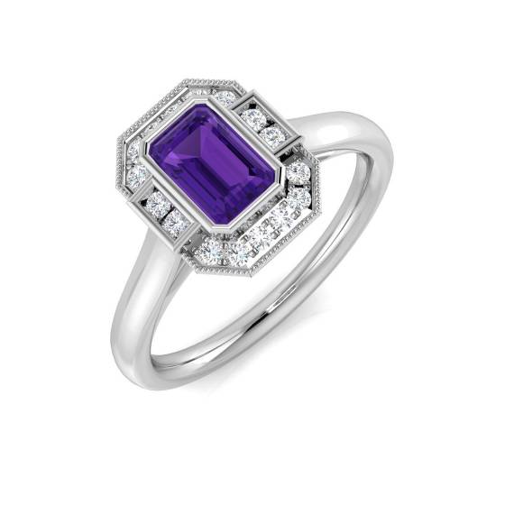 Emerald Cut Amethyst Gemstone Bezel Set Ring
