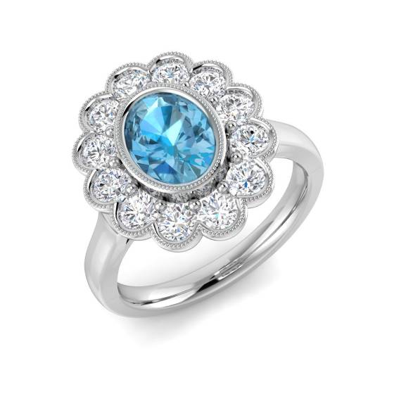 Oval Cut Blue Topaz Gemstone Bezel Set Halo Ring