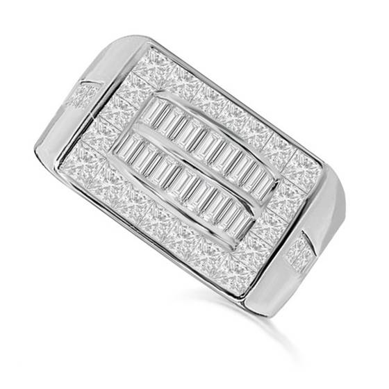1.51ct VS/E-F Princess and Natural Baguette Diamond Mens Ring in 9k White Gold