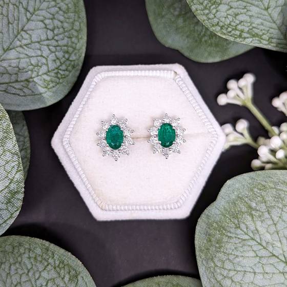 1.80ct SI/F-G Oval Green Natural Emerald and Diamond Halo Earrings in 18k White Gold