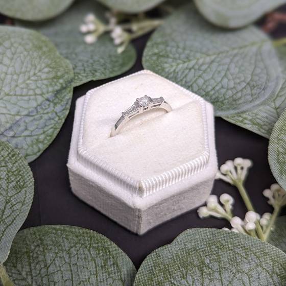 0.30ct I1/H-I Round and Natural Baguette Diamond Trilogy Ring in 18k White Gold