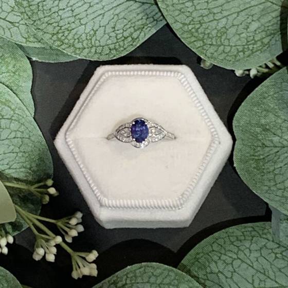 1.75ct VS/E-F Oval and Natural Round Diamond Blue Sapphire Ring in 18k White Gold
